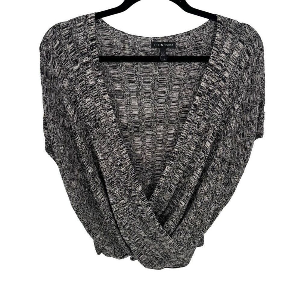 Eileen Fisher Silk/Linen Blend Surplice Wrap Sweater Black/White/Grey Size Large - Picture 3 of 7